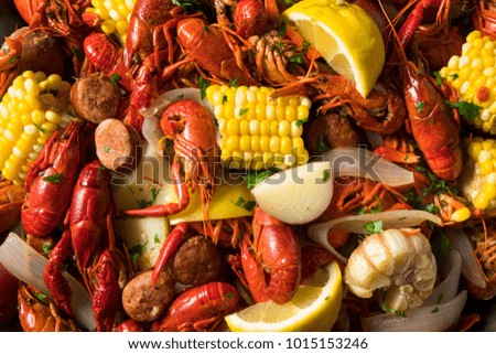 Homemade Southern Crawfish Boil with Potatoes Sausage and Corn