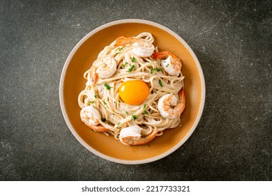 Homemade Spaghetti White Cream Sauce With Shrimps And Egg Yolk