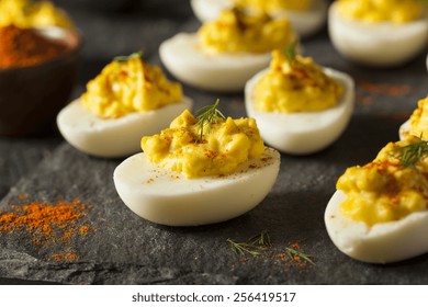 Homemade Spicy Deviled Eggs with Paprika and Dill - Shutterstock ID 256419517