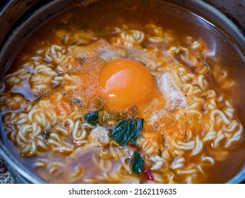 Homemade Spicy Instant Noodle Topping With Egg, Low Cost  Food Concept.