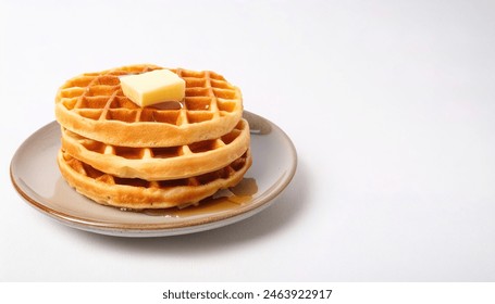 Homemade stack of Belgian waffles with crispy crust, and a pad of butter and syrup, tasty food. made with a hot waffle iron isolated on white background