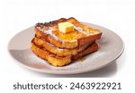 Homemade stack of tasty french toast sliced bread soaked in beaten eggs, fried with crispy crust edge, a pad of butter, powdered sugar and syrup, tasty food on a plate, isolated on white background