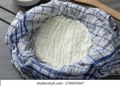 Homemade Strained Yogurt Close Up In A Sieve