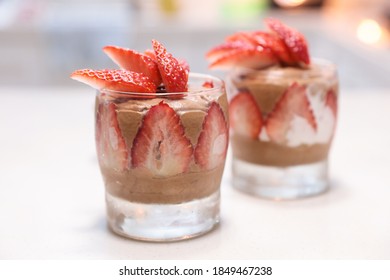 Homemade Strawberry Chocolate Mousse Dessert In A Glass Cup