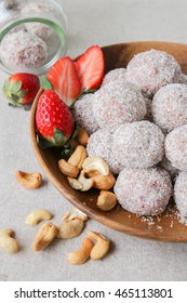 Homemade Strawberry, Date, Cashew And Coconut Bliss Ball