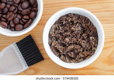 Homemade Sugar, Olive Oil And Ground Coffee Face And Body Scrub. DIY Cosmetics