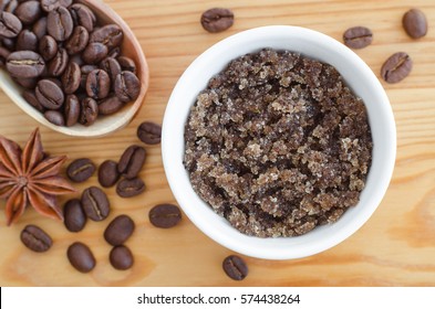 Homemade Sugar, Olive Oil And Ground Coffee Face And Body Scrub. DIY Cosmetics