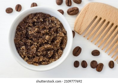 Homemade Sugar Scrub With Ground Coffee (foot Soak Or Bath Salt). DIY Beauty Treatment And Spa Recipe. Top View, Copy Space