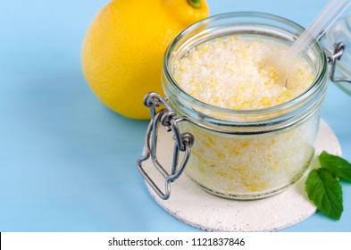 Homemade Sugar Scrub With Olive Oil, Essential Lemon Oil And Lemon Peel. Diy Cosmetics. Copy Space.
