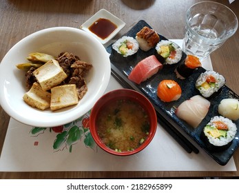 Homemade Sushi With Miso Soup And Tofu With Meat Dish