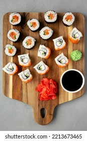 Homemade Sushi Platter With Wasabi And Soy Sauce On A Board, Top View. Flat Lay, Overhead, From Above.