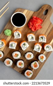 Homemade Sushi Platter With Wasabi And Soy Sauce On A Board, Top View. Flat Lay, Overhead, From Above.