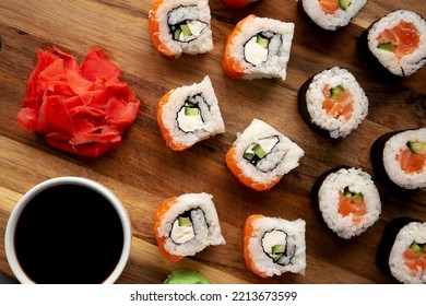 Homemade Sushi Platter With Wasabi And Soy Sauce On A Board, Top View. Flat Lay, Overhead, From Above.