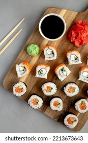 Homemade Sushi Platter With Wasabi And Soy Sauce On A Board, Top View. Flat Lay, Overhead, From Above.