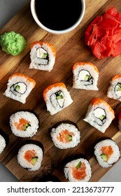 Homemade Sushi Platter With Wasabi And Soy Sauce On A Board, Top View. Flat Lay, Overhead, From Above.