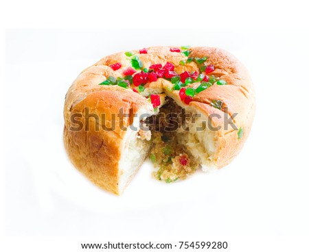 Homemade sweet cake with candied , homestyle pie, round cake with fruit for each day, starchy food, Isolate on white background