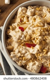 Homemade Sweet Candy Apple Salad With Peanuts And Marshmallows