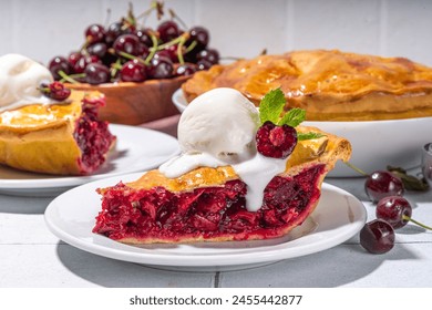 Homemade sweet cherry cake with vanilla ice cream ball. Slice of cherry pie topped with scoop of melting ice cream - Powered by Shutterstock