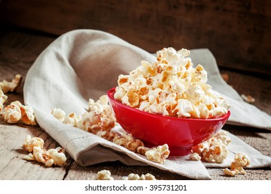 Homemade Sweet Popcorn In A Red Bowl, Selective Focus