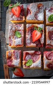 Homemade And Sweet Strawberry Cake Made Of Strawberries And Mint. Vegan Fruit Sponge Cake.