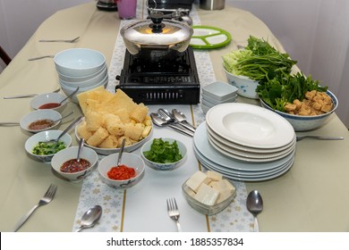 Homemade And Table Setting For A Chinese Vegan Steamboat Meal