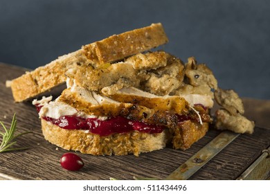 Homemade Thanksgiving Leftover Turkey Sandwich With Stuffing And Cranberry