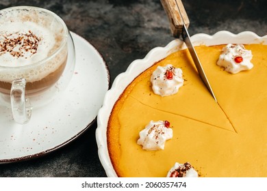 Homemade Thanksgiving Pumpkin Pie With Whipped Cream And Latte. Clean Eating, Dieting, Vegan Food Concept. Top View.