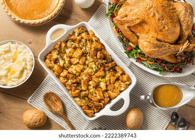 Homemade Thanksgiving Stuffing Dressing Casserole with Thyme and Sage