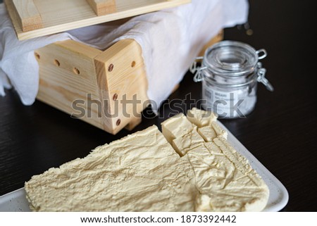 homemade tofu with the tofu maker next to it Stock photo © 