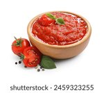 Homemade tomato sauce in bowl and fresh ingredients isolated on white