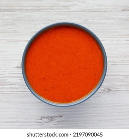 Homemade Tomato Soup On A White Wooden Background, Top View. Flat Lay, Overhead, From Above. 