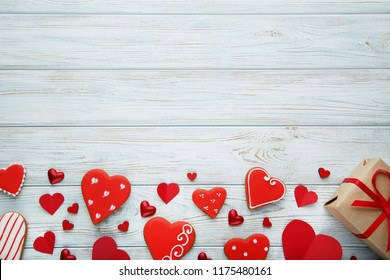 Homemade Valentine Cookies With Gift Box On Wooden Table