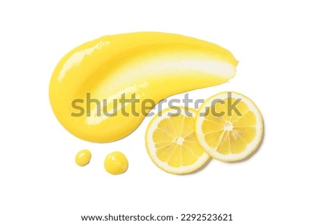 Homemade vanilla custard pudding or lemon curd with lemon slices isolated on white background, top view