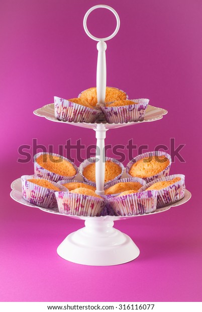 Homemade Vanilla Muffins White Metal Etagere Food And Drink
