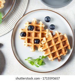 Homemade Vanilla Waffles With Chocolate Chunks And Fersh Blueberries, Perfect Family Breakfast