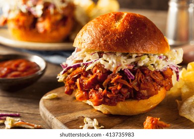 Homemade Vegan Pulled Jackfruit BBQ Sandwich with Coleslaw and Chips