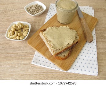 Homemade Vegan Sunflower Seed And Cashew Butter On Slice Of Bread