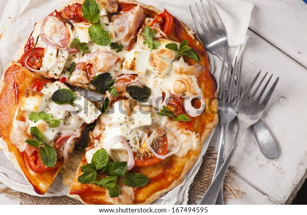 Homemade Vegetarian Pizza Cottage Cheese Tomatoes Stock Photo