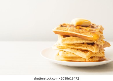 Homemade Waffle Stack With Butter And Honey Or Maple Syrup