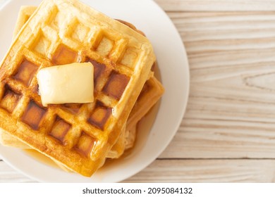 Homemade Waffle Stack With Butter And Honey Or Maple Syrup