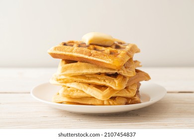 Homemade Waffle Stack With Butter And Honey Or Maple Syrup