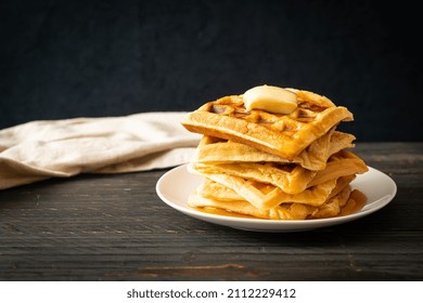 Homemade Waffle Stack With Butter And Honey Or Maple Syrup