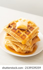 Homemade Waffle Stack With Butter And Honey Or Maple Syrup