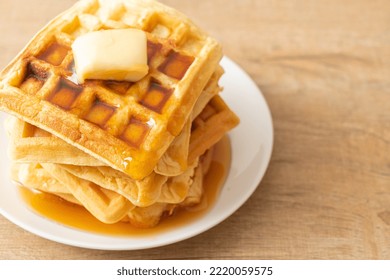 Homemade Waffle Stack With Butter And Honey Or Maple Syrup