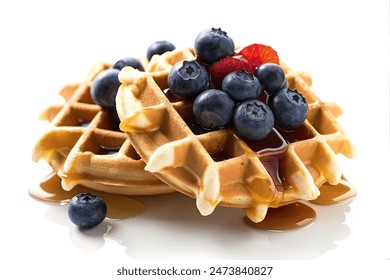 homemade waffles, adorned with fresh blueberries and drizzled with golden syrup