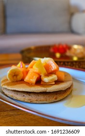 Homemade Whole Grain Flour Pancakes With Fruits And Honey.