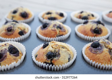 Homemade Wholemeal Coconut Blueberry Muffins In Muffin Tray