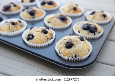 Homemade Wholemeal Coconut Blueberry Muffins In Muffin Tray