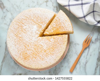 Homemade Yogurt Cake With Icing Sugar. Close Up. Top View.