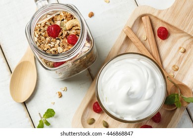 Homemade Yogurt With Granola, Dried Fruit And Nuts Bio With Most Healthy Seed.